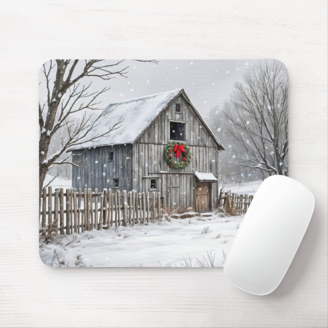 Tapis De Souris Grange de Noël dans les flocons de neige (Avec souris)