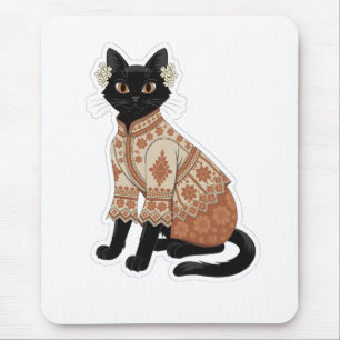 Tapis de souris graphique avec chat noir et fleurs