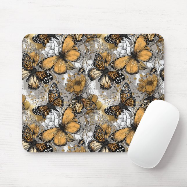 Tapis De Souris Gray White Gold Floral Butterflies Elegant (Avec souris)