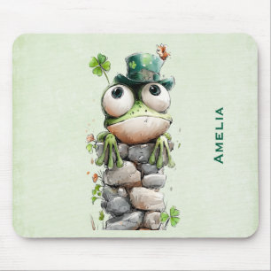 Tapis De Souris Grenouille avec chapeau vert et trèfle mignon