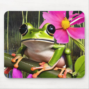 Tapis De Souris Grenouille mûre sur branche de fleurs roses