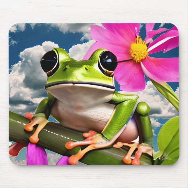 Tapis De Souris Grenouille mûre sur une branche de fleurs roses av (Devant)