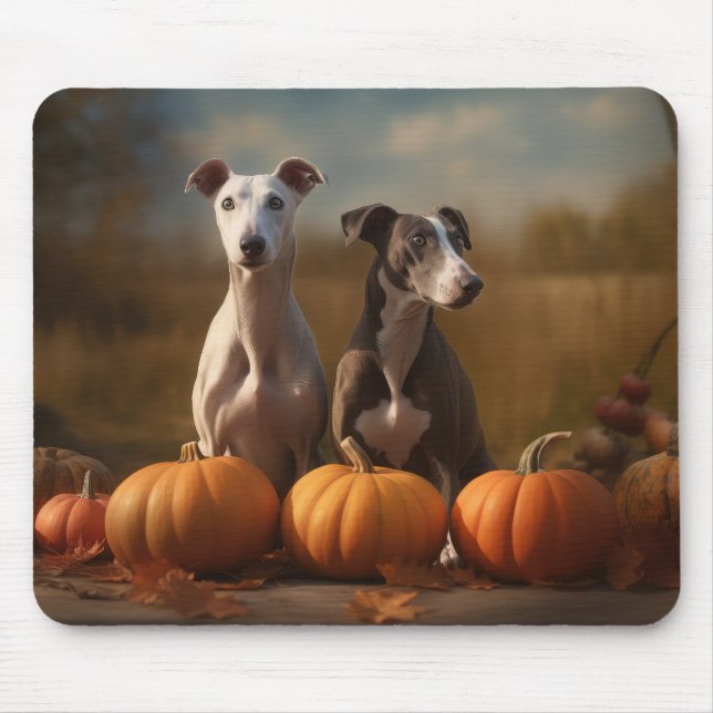 Tapis De Souris Greyhound Chiot Automne Citrouille de plaisir (Devant)
