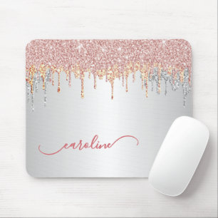 Tapis De Souris Gris argenté personnalisé Blush Rose Gold Paillett