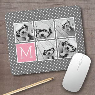 Tapis De Souris Gris et Rose 5 Collage de Photos avec Monogramme