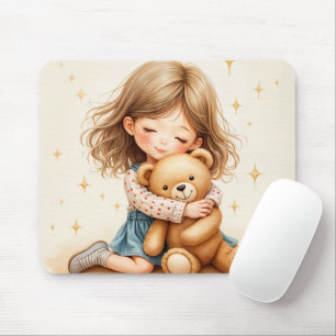 Tapis De Souris Gros câlins - Jolie fille serrant l'ours en peluch