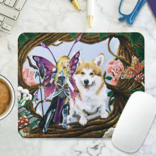 Tapis De Souris Guerrière Fée Fantastique Corgi Forêt Magique