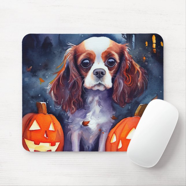 Tapis De Souris Halloween Cavalier King Charles Citrouille espagno (Avec souris)