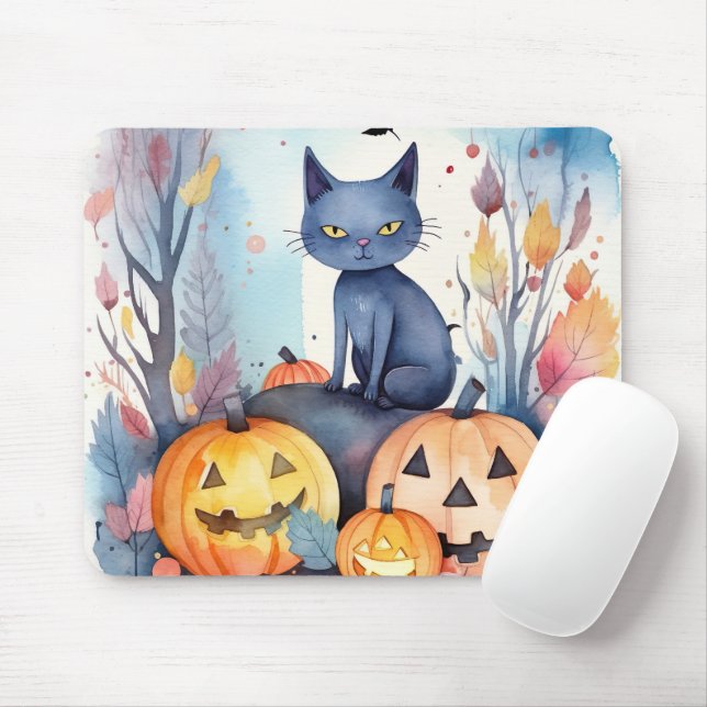 Tapis De Souris Halloween Chat Bleu Oriental Avec Peur Citrouille (Avec souris)