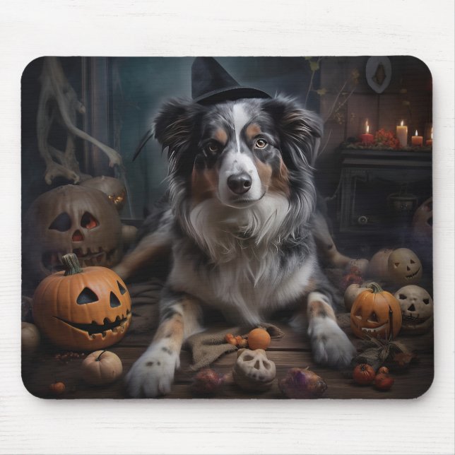Tapis De Souris Halloween Citrouille berger australienne effraie (Devant)