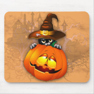 Tapis De Souris Halloween Cute Kitty Witch et ami Citrouille
