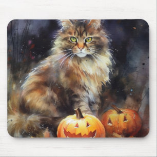 Tapis De Souris Halloween Maine Coon Chat Avec Crainte Citrouille