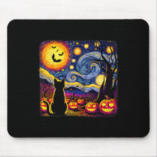 Tapis De Souris Halloween Van Gogh Starry Night Chat noir Citrouil