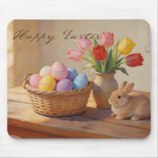 Tapis De Souris Happy Easter with Colorful Eggs and Tulips
