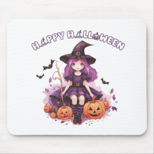 Tapis De Souris Happy Halloween violet sorcière Citrouilles et cha