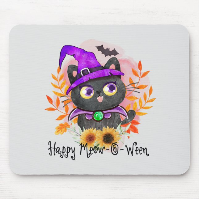 Tapis De Souris Happy Meow-o-ween -Chat Sorcière Noire (Devant)