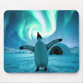 Tapis De Souris Happy Penguin Dancing Under Northern Lights