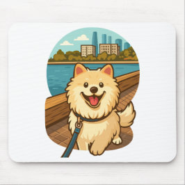 Tapis De Souris Happy Samoyed Walk by the City Waterfront