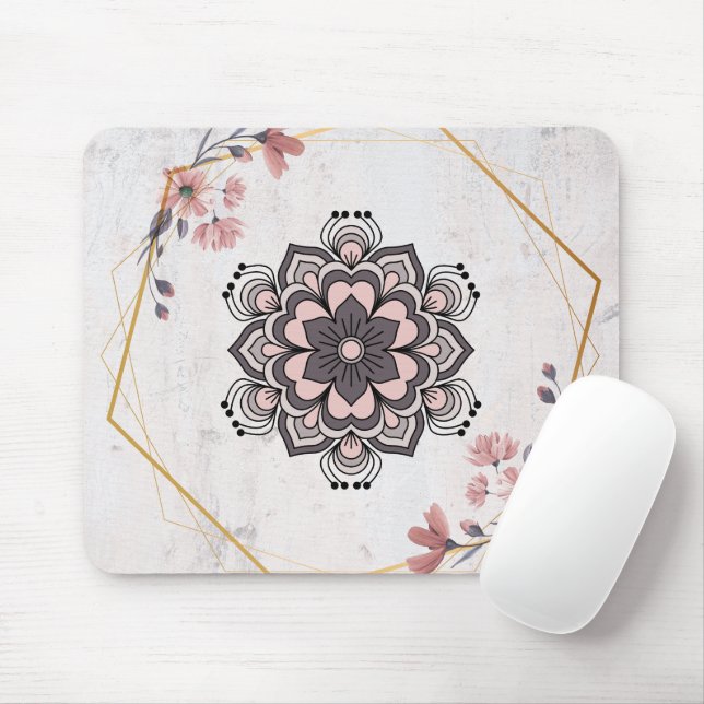 Tapis De Souris Harmonie calmante - Art floral rose et gris (Avec souris)