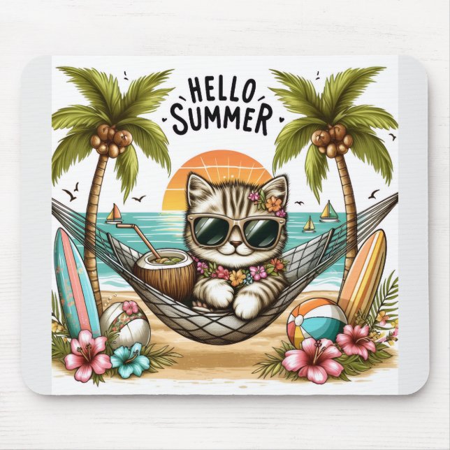 Tapis De Souris Hello Summer Beach Cat (Devant)