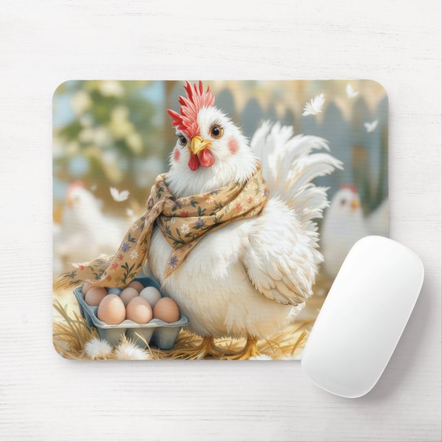 Tapis De Souris Hen blanc avec des oeufs dans un carton (Avec souris)