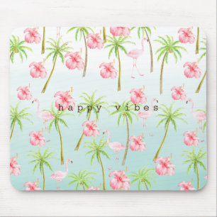 Tapis De Souris Hibiscus Flamant rose rose Fleurs de palmiers trop