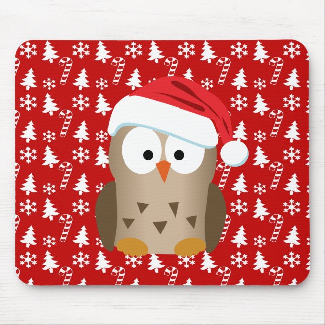 Tapis De Souris Hibou de Noël avec le casquette de Père Noël (Devant)