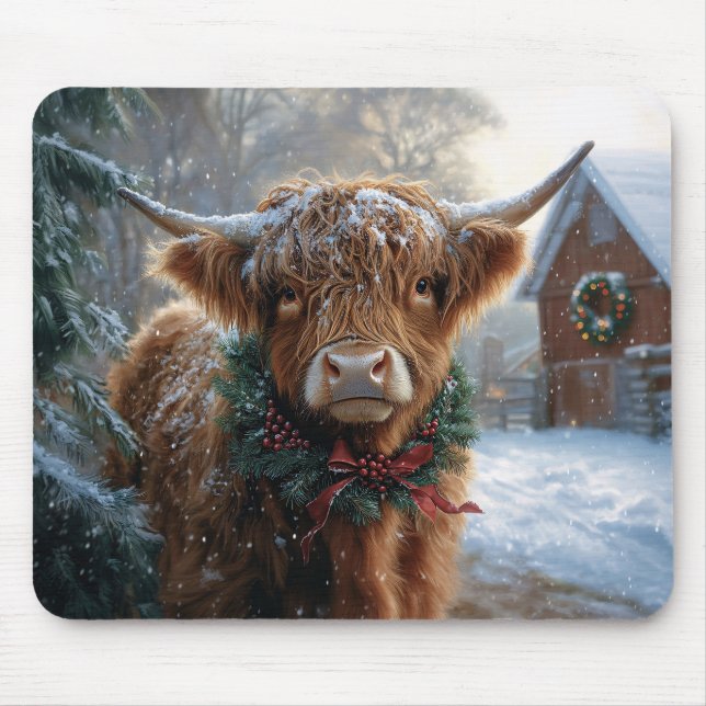 Tapis De Souris Highland Cow Rustic Barnyard Noël (Devant)