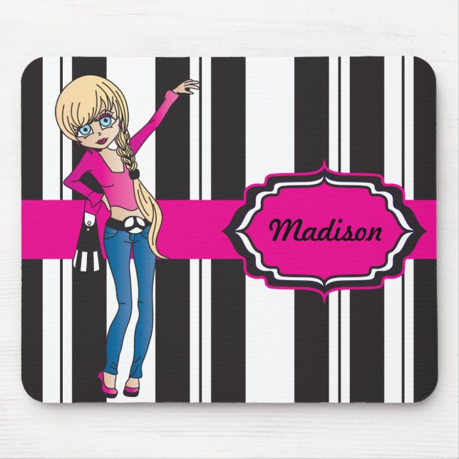 Tapis De Souris Hip Teen Girl with Black and White Stripes (Devant)