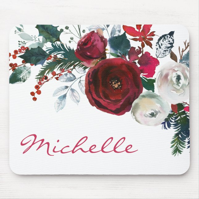 Tapis De Souris Hiver Burgundy Peony Rose Floral Pine Bouquet (Devant)