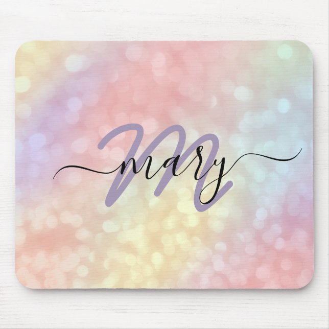 Tapis De Souris Holographe Pastel Ombre Nom Monogramme. Lux (Devant)