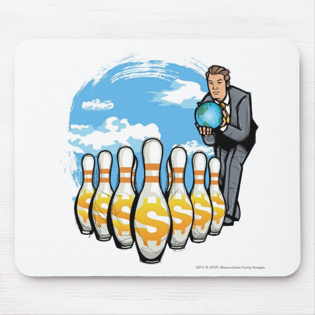 Tapis De Souris Homme d'affaires roulant un globe vers des (Devant)