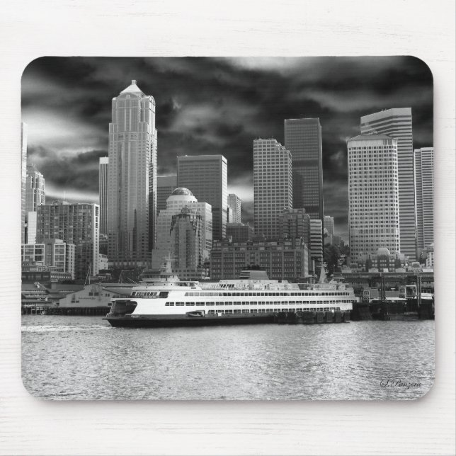 Tapis De Souris horizon de Seattle noir et blanc (Devant)