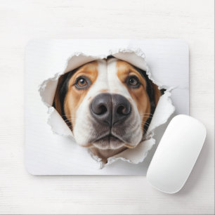 Tapis De Souris Hound Dog Peeking À Travers Torn Papier Trou