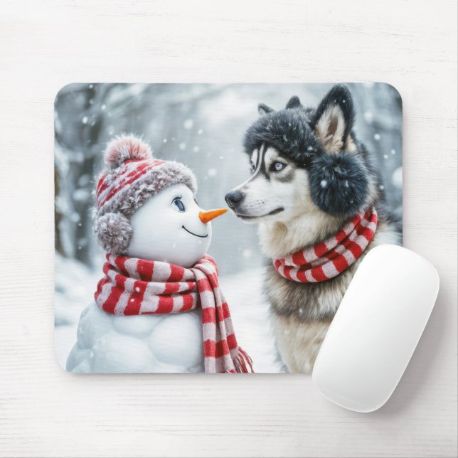 Tapis De Souris Husky Dog et Snowman Friends (Avec souris)