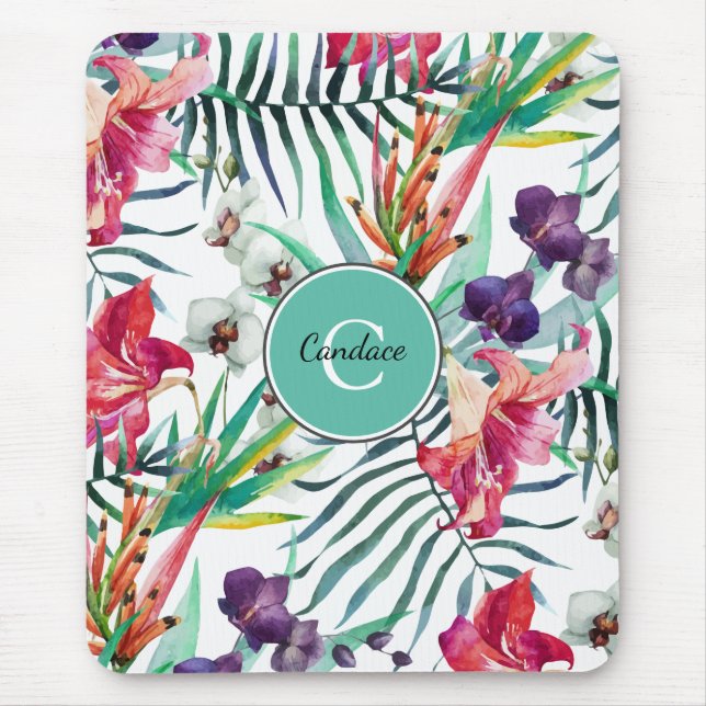 Tapis De Souris Île Floral Motif tropical avec Monogramme (Devant)
