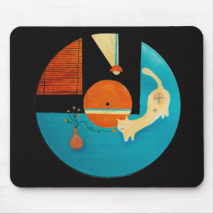 Tapis De Souris Illustration de disque rétro de chat qui s'étire