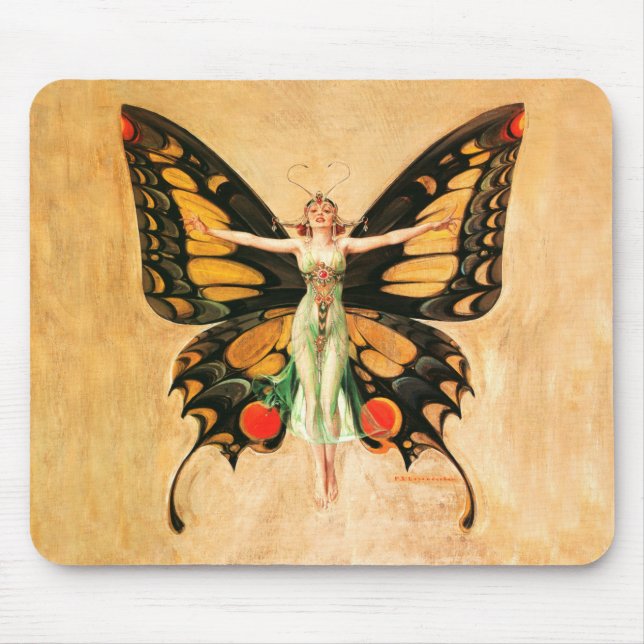 Tapis De Souris Illustration de femme volant papillon flapper (Devant)