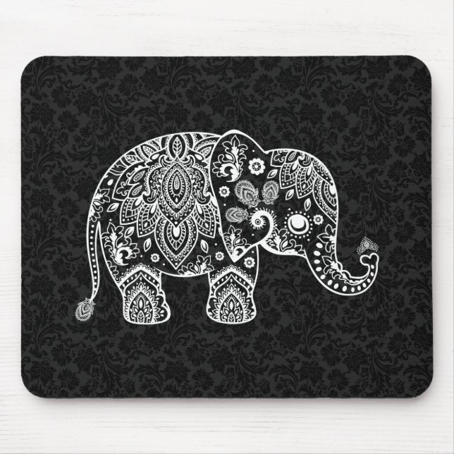 Tapis De Souris Illustration de l'éléphant floral blanc Paisley (Devant)