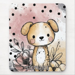 Tapis De Souris Illustration fantaisiste de chiot floral à l'aquar