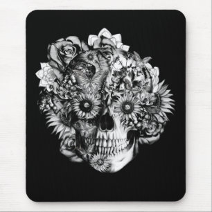 Tapis De Souris Illustration florale de crâne d'ohm de papillon
