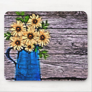 Tapis De Souris Impressionnisme rustique vase bleu tournesol jaune