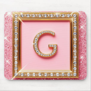 Tapis De Souris Initiale Diamant G Cadre Or Paillettes Roses Monog