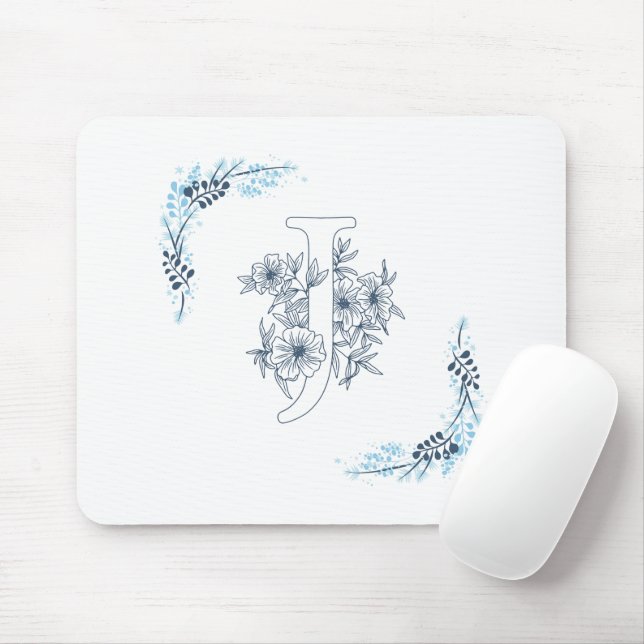 Tapis De Souris Initiale "J" Monogramme bleu Calme Floral (Avec souris)