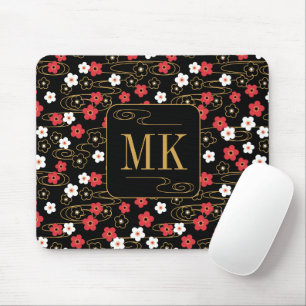 Tapis De Souris Initiales du monogramme noir Sakura en fleurs