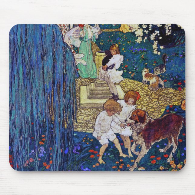 Tapis De Souris Jardin avec chien et chat, Jessie Willcox Smith (Devant)