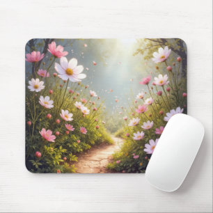 Tapis De Souris Jardin Cosmos avec un sentier ensoleillé