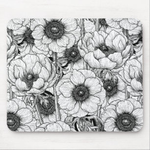 Tapis De Souris Jardin d'anémones en noir et blanc