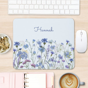 Tapis De Souris Jardin de fleurs sauvages à l'aquarelle bleue mono