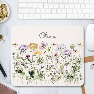 Tapis De Souris Jardin de fleurs sauvages coloré à aquarelle monog